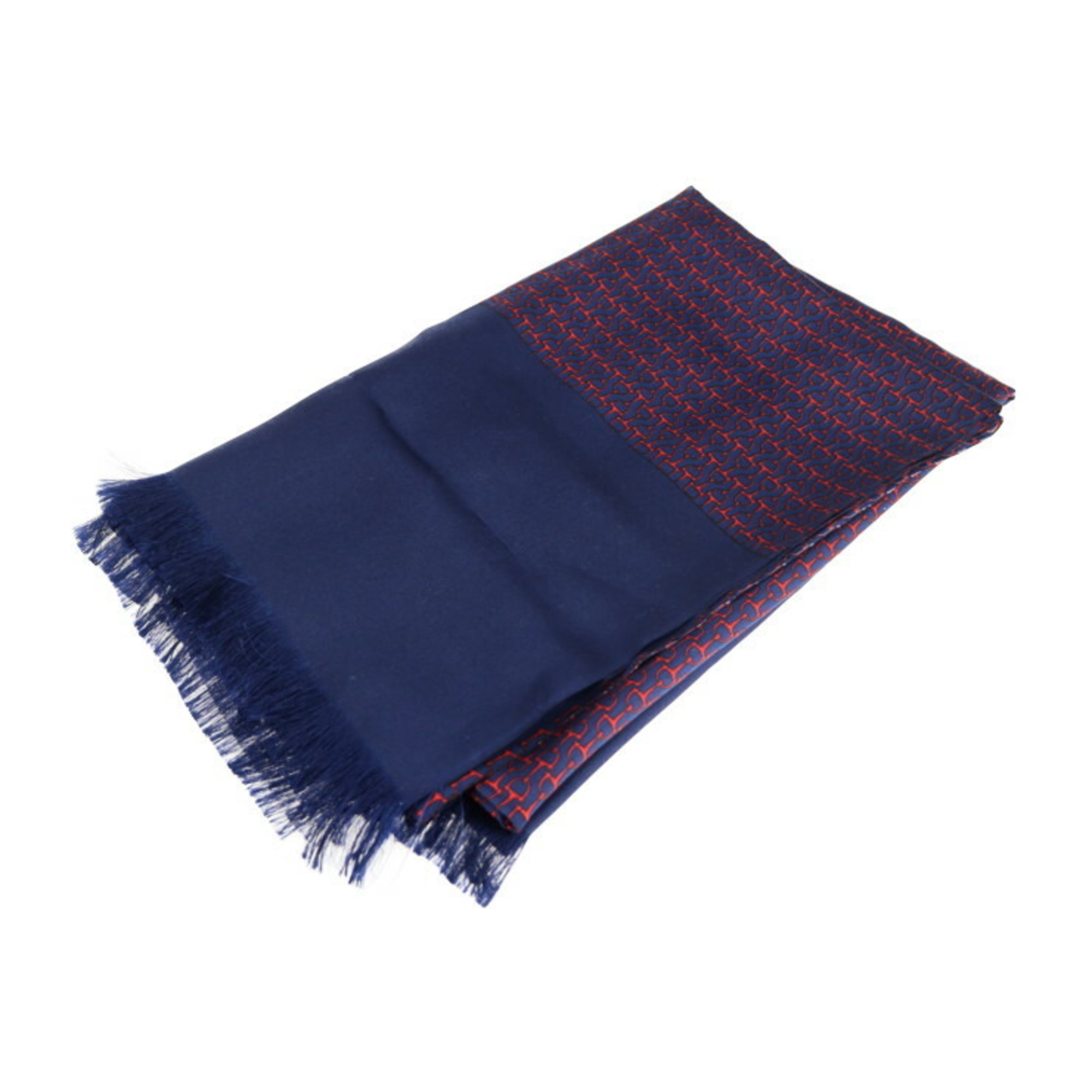 Hermes Scarf Silk 100% Navy Red Horsebit Pattern Stole With Fringe 141 X 91 Cm